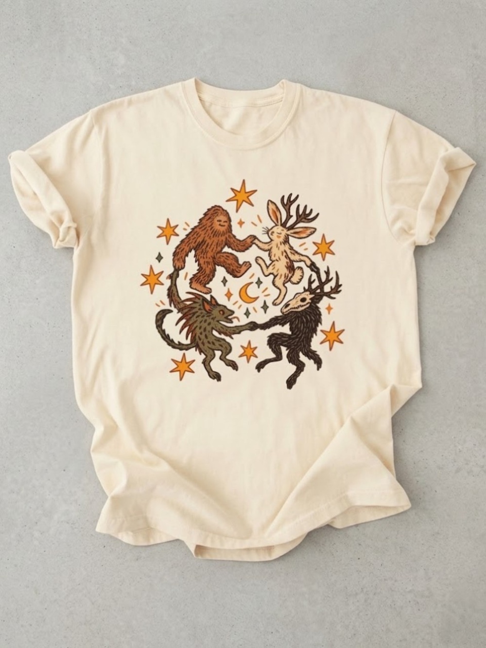 Dancing Cryptids Folk Art Gildan T-Shirt Cream Bigfoot Graphic Tee - Picture 1 of 3